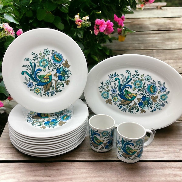 Royal Doulton "EVERGLADES" Pattern Teal Floral & Bird ~Platter or Dinner Plate or 2 Mugs~ Made in England Farmhouse Country Cottage Kitchen