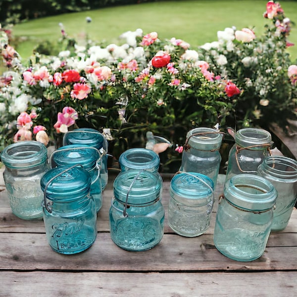 Antique / Vintage Blue Glass Mason Jars Canning Jars Wire Bale Closures Wedding Decor / Party Centerpiece Table Flower Vases stoneridgeattic