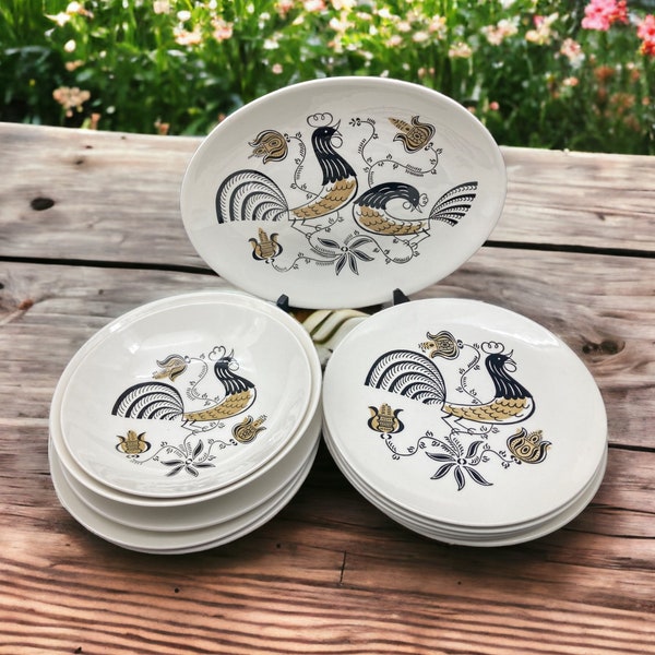 MCM Royal China Good Morning / Break-of-Day Rooster Pattern Made in USA ~Platter / Dinner Plates / Serving Bowls~ Farmhouse Country Kitchen