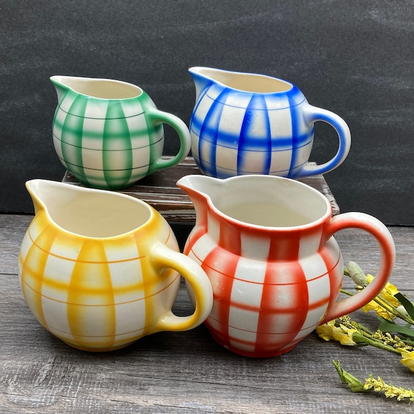 1930s  Erphila Czechoslovakia Pottery Plaid Creamer CHOOSE ONE Mid Century Design Farmhouse / Cottage / Country Kitchen Retro Syrup Pitcher