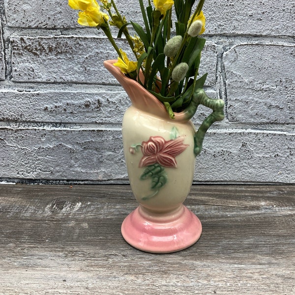 1950 HULL Pottery W3 ~ Creamer / Ewer / Pitcher / Vase "Woodland Peach Pink"  Raised Floral Design Made in USA Farmhouse Country Shabby Chic