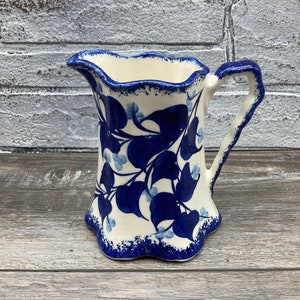 CLEARANCE~ CASH Family Pottery Pitcher /  Creamer Hand Painted Made in USA Country Shabby Chic Farmhouse Kitchen Blue & White Pitcher Vase