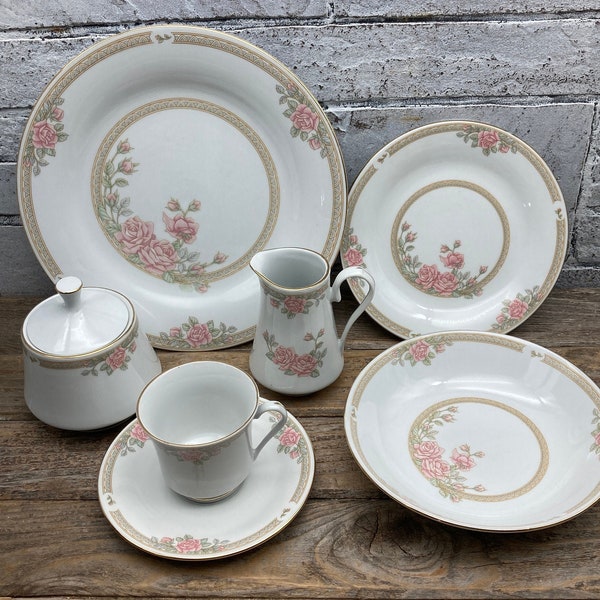 CHRISTINA by Crown Ming ~Tienshan China ~Made in China ~Dinner Plate / 2 Salad Plates / 2 Soup Bowls / Sugar & Creamer / 2 Cup and Saucers