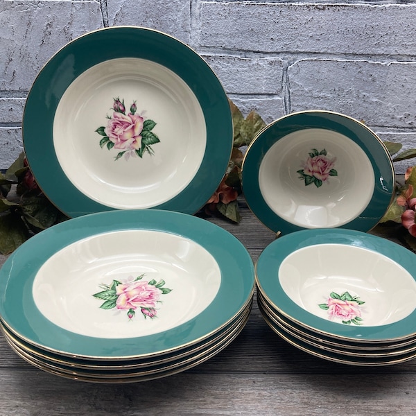 CAMEO Pattern ~ Lifetime China Co Made in USA~ Dinner Or Salad Plates Or Soup Or Dessert Bowls~ Pink Rose Floral Center Green Edge Gold Rim