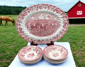 CLASSIC Red / Pink Transferware ~Myotts "Country Life" Oval Platter OR 5 Dessert Bowls "Tonquin" Staffordshire England Farmhouse Country