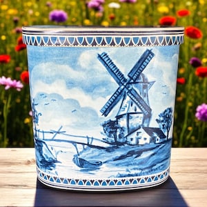 JUSTINS Oval Lidded Tin &quot;Dutch Scene&quot; Blue & White Delft-Style Windmill / Ships Design Made in W Germany Collectible Storage Tin CottageCore