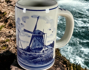 Delft Blue Hand-Painted Stein: Vintage Holland Windmill Mug