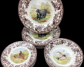 SPODE "Woodland"  Made in England ~Dinner or Salad Plates or Soup / Pasta Bowls~ Brown Transferware Animal Scenery Farmhouse Country Kitchen