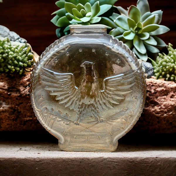 American Eagle Carnival Glass Coin Bank Mid Century Anchor Hocking Iridescent Glass With Embossed Designs and Ribbed Sides stoneridgeattic