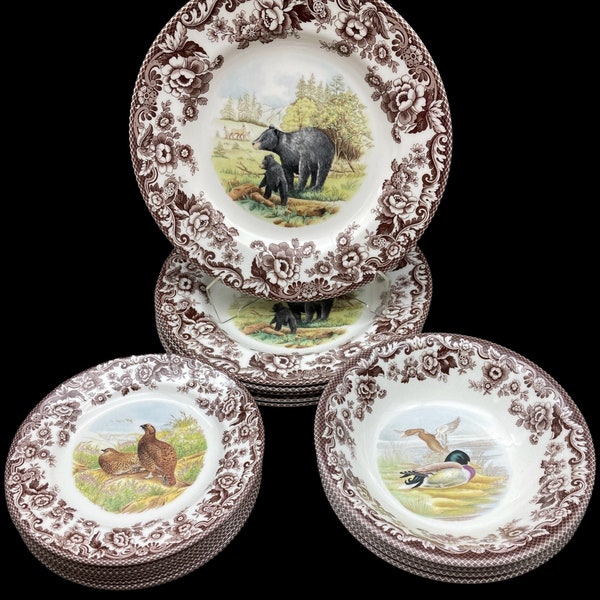 SPODE "Woodland"  Made in England ~Dinner or Salad Plates or Soup / Pasta Bowls~ Brown Transferware Animal Scenery Farmhouse Country Kitchen