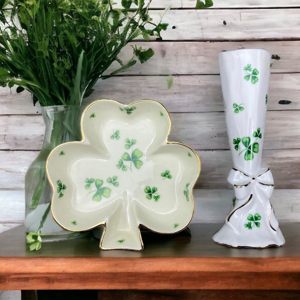 1980s Geo Z Lefton China Hand Painted Porcelain Gold Trim SHamrock Pattern  ~Bud Vase #04385 or Clover Trinket Dish #11081 stoneridgeattic