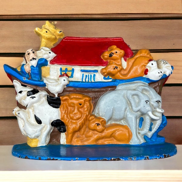 ADORABLE Hand Painted Cast Iron NOAH'S ARK Doorstop / Bookend / Paperweight / Table Display / Nursery Decor Farmhouse Country Cottage Core
