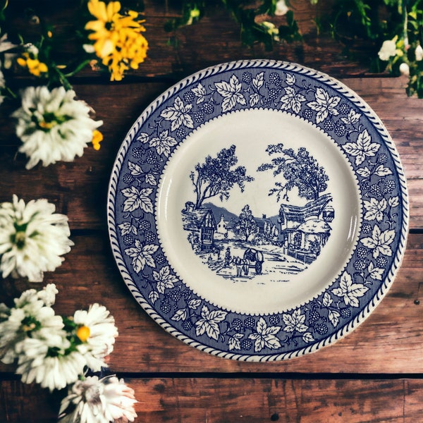 Homer Laughlin Stratwood Collection "Shakespeare Country" Pattern Discontinued 10" Dinner Plate Made in USA Vintage Blue Transferware