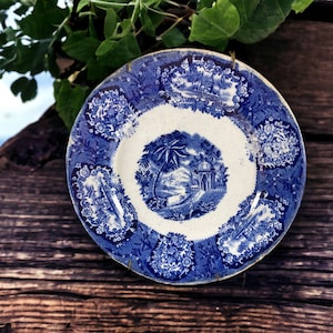 RARE Franz Mhlem & Bonn ANTIQUE Flow Blue Transferware 8.5&quot; Plate W/Hanger &quot;Malta&quot; Made in Germany  Display Plate Wall Decor stoneridgeattic