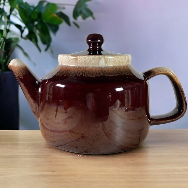 McCOY Pottery #163 ~ Glazed Dark Brown Drip Design 32 Ounce Teapot Made in the USA Country Farmhouse Cottage Core Vintage Kitchen
