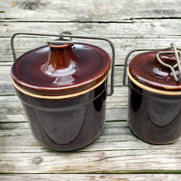 ONE Vintage Brown Glazed Cheese /  Butter Crock Wire Bale Closure Stoneware Storage Crock Farmhouse Country Cottage Kitchen stoneridgeattic