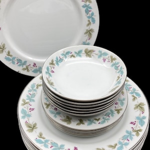 1960s "Vintage" Pattern 6701 Made in Japan Blue  Green Leaves Purple Grapes ~Dinner Plate / Dessert Bowls / Bread Plates~ Cottage Farmhouse
