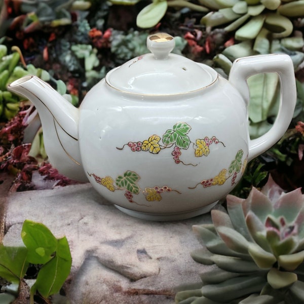 USAGCO Mid Century Porcelain Teapot Made in Japan Vintage 4 Cups Teapot ~Pink/Green/Yellow~ Gold Accents Collectible Teapot Tea Party