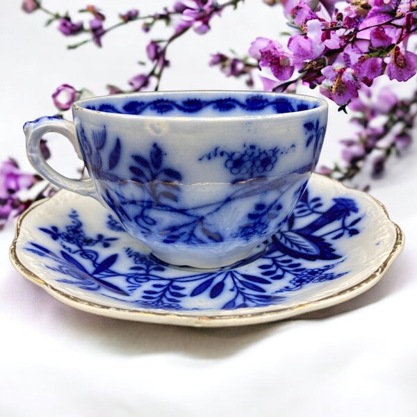 Sampson Hancock & Sons Antique Flow Blue Cup and Saucer Made in England Blue and White Floral Design Teacup Collector Gold Rim Display Piece