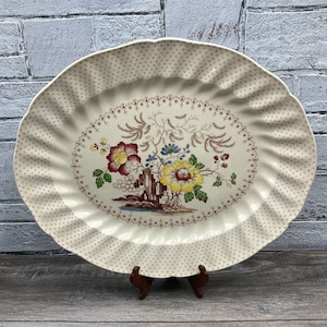 CLEARANCE 1950s Royal Doulton &quot;Grantham&quot; Pattern D5477 Large 17.5&quot; Oval Serving Platter Brown W/ FLoral Center Transferware Made in England