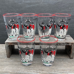 Libbey Flat Tumblers Dickens &quot;Pickwick&quot; Black and Red Design ~Set of 2~ Drinking Glasses 10 Oz Beverage Glasses MCM Graphics Vintage Barware