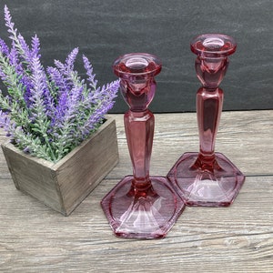 FENTON Art Glass #449 ~Dusty Rose / Wisteria / Cranberry Colored Glass Candlesticks Candle Holders Mantle Decor Table Centerpiece Made in US