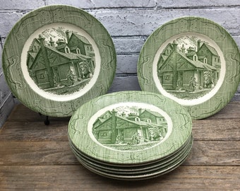 The Old CURIOSITY SHOP Vintage Ironstone Made in US Green Transfer Ware Dinner Plate Mid Century 1950s Tableware stoneridgeattic