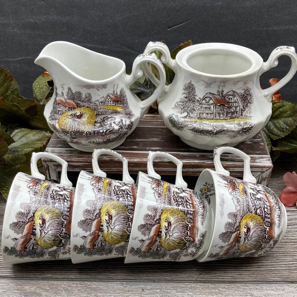 YORKSHIRE Ironstone Made in Staffordshire England Brown / Multicolor Transferware ~ Sugar and Creamer or FOUR Cups stoneridgeattic