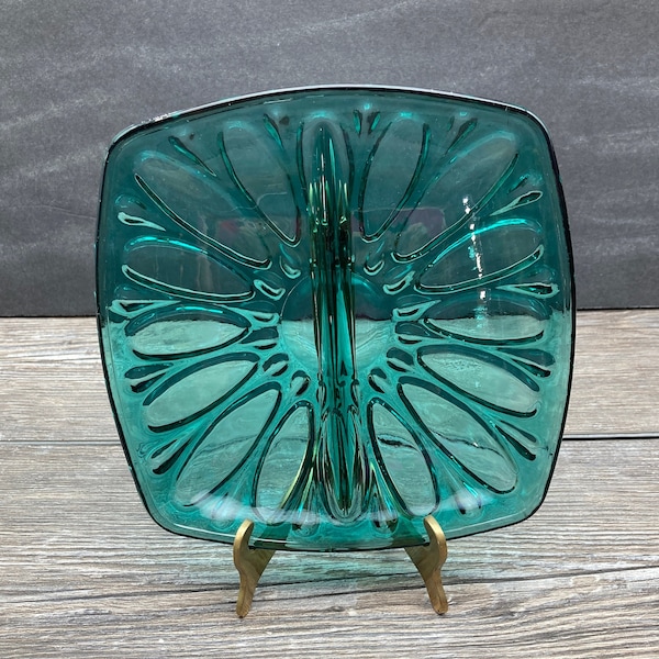 Teal Blue Glass Divided Plate ~ Snack Dish/ Candy Dish / Relish Dish / Condiment Dish / Crudite Dish / Appetizer Dish ~ stoneridgeattic