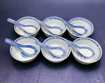 TIENSHAN Jingdezhen Porcelain Dragon Rice Grains Pattern Blue & White Translucent Rice Eyes Design TWO Rice Bowls W/ Spoons stoneridgeattic