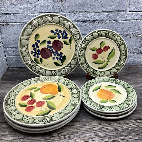 PIZZATO Pottery ~ Handmade / Hand Painted in Italy ~ 2 Salad Plates OR 1 Dinner Plate ~ Embossed Edges Fruit Motif Display Plates Wall Decor