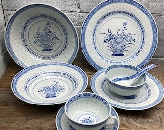 Chinese Dragon Rice Eyes 8\u201d Plate Vintage China Blue and White Porcelain Vintage Blue and White China China Rice Grain Plate
