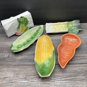 MCM American Potteries Hand Painted Vegetable Plates-Choose: Corn / Asparagus / Carrots / PeaPod / Napkin Holder Farmhouse Country Kitchen