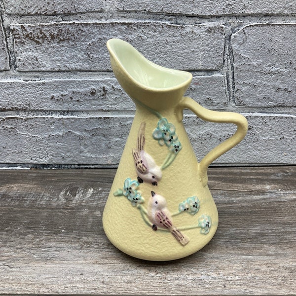 1957 HULL Pottery S2 ~Pitcher / Ewer / Pitcher Vase "Yellow Bird Serenade"  Raised Design Made in USA Farmhouse Country Shabby Chic Decor
