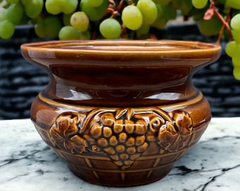 Vintage McCoy Pottery Jardiniere: Glazed Brown Grapes & Leaves Planter