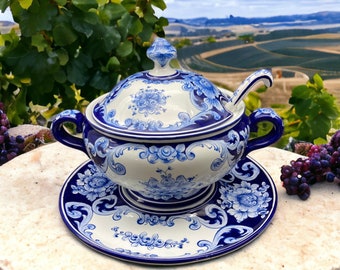 Hand-Painted Soup Tureen: Alcobaca Portugal Blue Floral with Lid, Ladle & Plate