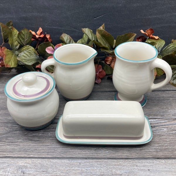 1990s Pfaltzgraff Stoneware "Juniper" Pattern ~ Butter Dish / Sugar & Creamer /Pedestal Mug~ Made in USA Farmhouse / Country / Cottage