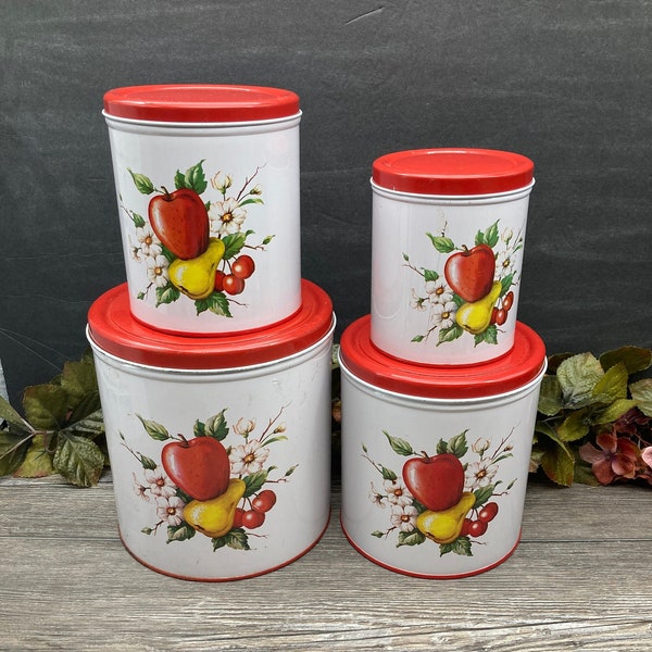 MCM Decoware Metal Canister Set of 4 Retro Kitchen Fruit Motif Made in USA Storage Tins Rustic Farmhouse Country Cottage Vintage Kitchen
