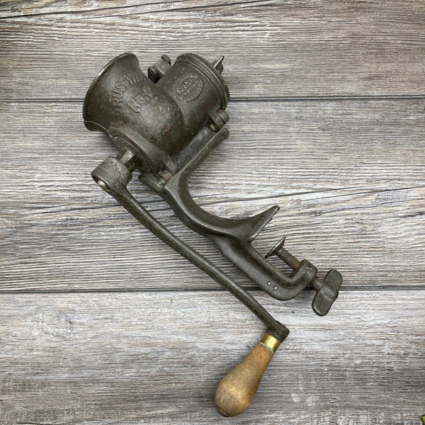 Cast Iron RUSSWIN No 2 Meat Grinder ~Russell & Erwin Mfg Co~ Made in USA Wooden Handle Hand Crank Rustic Primitive Kitchen stoneridgeattic