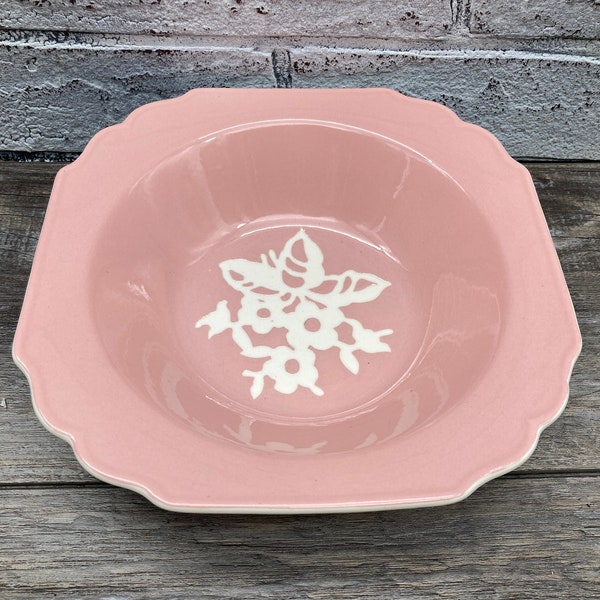 1940s CAMEO WARE "Dainty Flower Pink" Square 8.25" Serving / Vegetable Bowl ~ Harker Pottery ~ Made in the USA White Flowers Pink Background