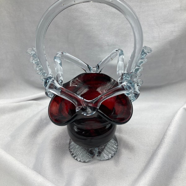 BEAUTIFUL Vintage Ruby Red & Clear Murano Art Glass Applied Rigaree  Tri-Footed Blown Glass Basket Abstract Design stoneridgeattic