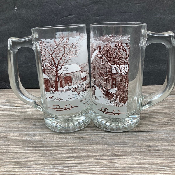 CURRIER AND IVES ~Soda / Beer / Root Beer Float Handled Mugs From Vintage Lithograph Prints ~Set of 2~ Home Bar Farmhouse Country Barware