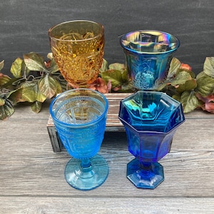 EAPG Stemware ~Choose ONE Goblet: Amber /Independence Glass &quot;Octagonal Blue&quot; / Carnival Indiana Glass &quot;Harvest&quot; / Bryce &quot;Willow Oak&quot;