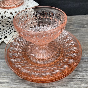 1940s Pink Depression Glass &quot;Holiday Pink Buttons and Bows&quot; Jeanettte Glass Company~Sherbet /Ice Cream Cups or Bread Plates~stoneridgeattic