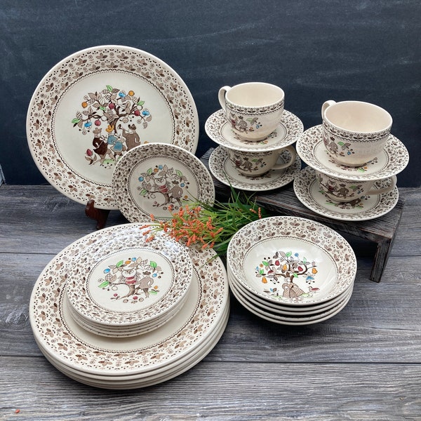 Johnson Brothers Ironstone "Sugar and Spice" Brown Transferware EarthTone Colors Folk Art ~ Plates / Bowls / Cups & Saucers~ Made in England