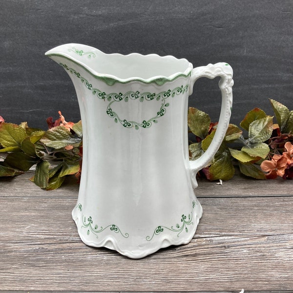 WH Grindley "The Rosalind" ANTIQUE Ten Cup Water Pitcher Green Clover Pattern Scalloped Edge Farmhouse Country Kitchen Made in England