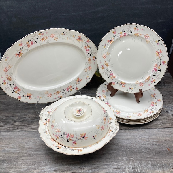 Rare Canonsburg Pottery Company Pattern~ Platter OR Dinner Plate OR Covered Serving Bowl Made in USA Vintage Tableware Keystone Shaped