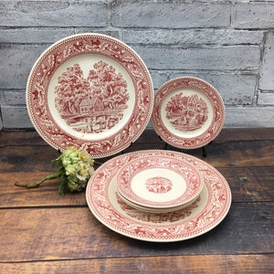 Vintage Royal China Ironstone Red TransferWare 10&quot; Dinner Plate or 6 Saucers MEMORY LANE Pattern 1960s Tableware Made in USA stoneridgeattic