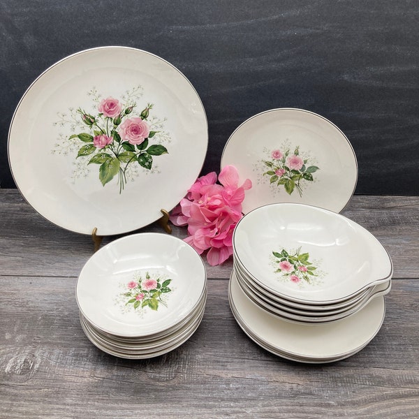 Royal China "Queen's Rose" Pattern 1950s Tableware Made in USA ~ Pink Roses/Baby's Breath/Platinum Trim ~ Bowls or Plates Shabby Chic