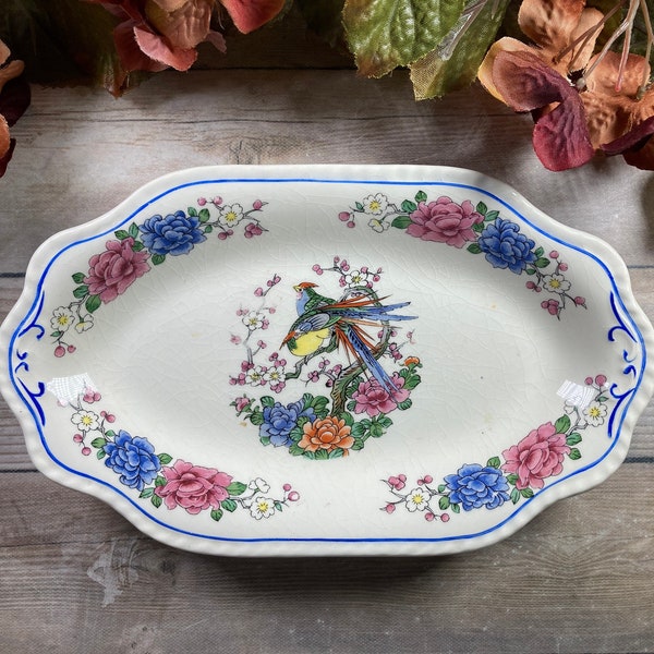 RARE Vintage Steubenville Pottery Ivory Series Blue / Yellow Floral & Birds 9" Oval Serving Plate / Vanity Dish Made in USA stoneridgeattic